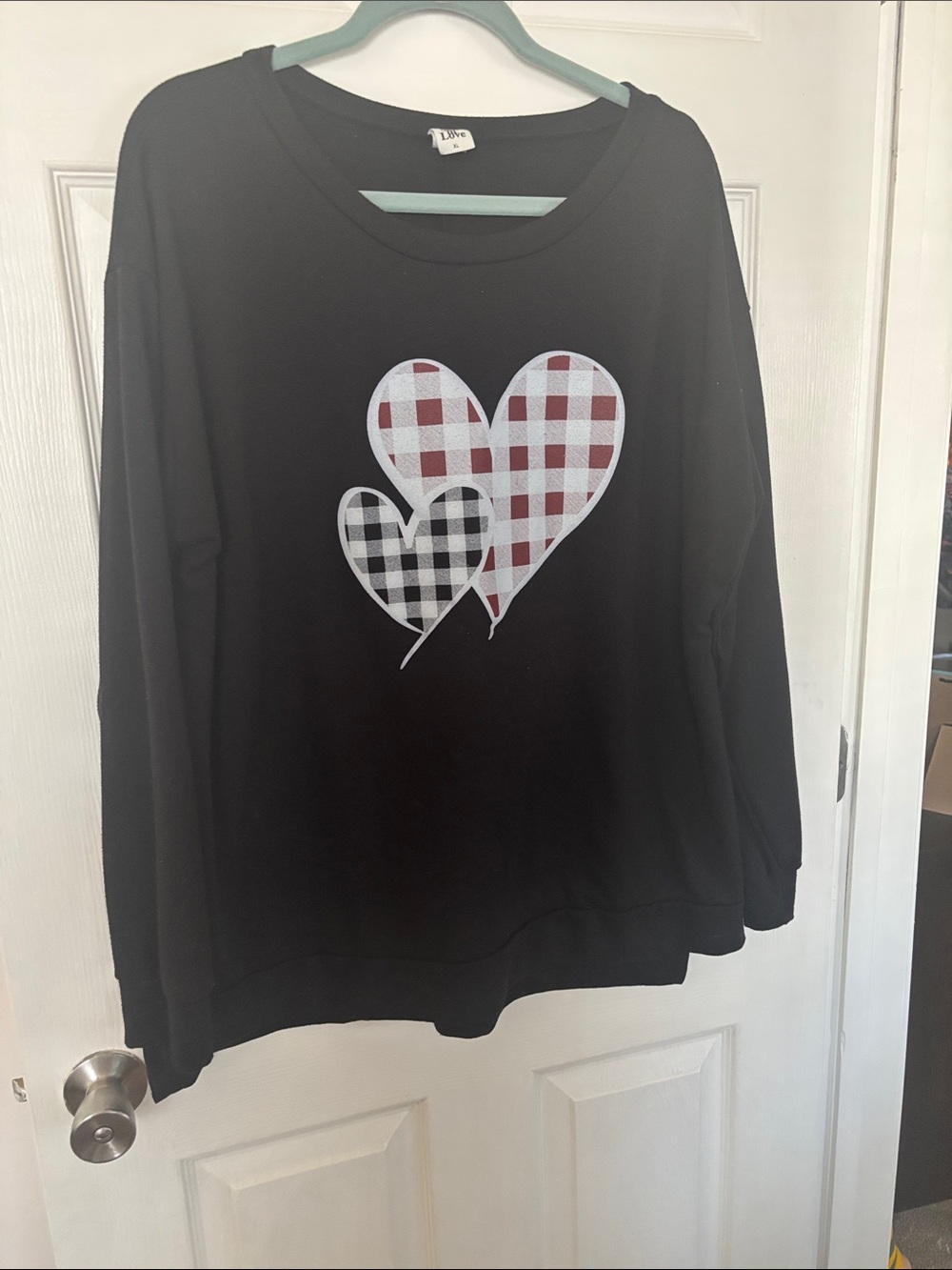Sew In Love Black  Sweatshirt with Red and Black Plaid Heart Appliqués